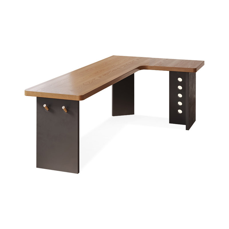 Brown L-Shaped Solid Wood + Iron desk, Right Hand Return, 29.53" H x 86.61" W x 55.12" D