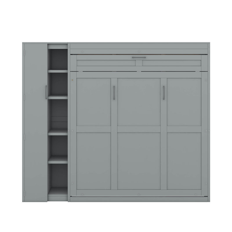 Lit escamotable mural Murphy avec tablettes, garde-robe et lumières DEL, Gris, Grand lit