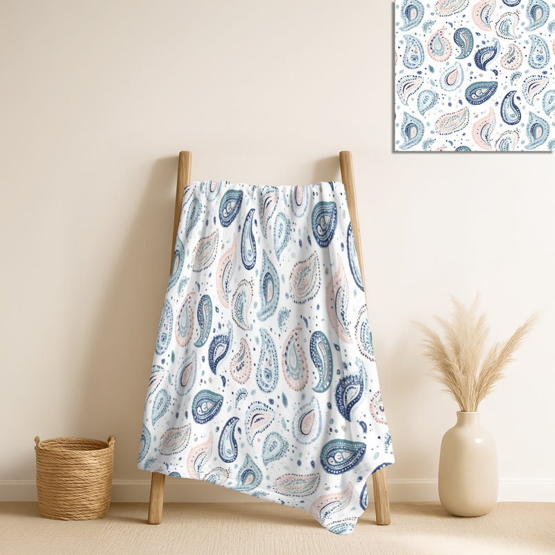 Serene Paisley Dreams - couverture en peluche contemporaine bleue, jeté en molleton minimaliste