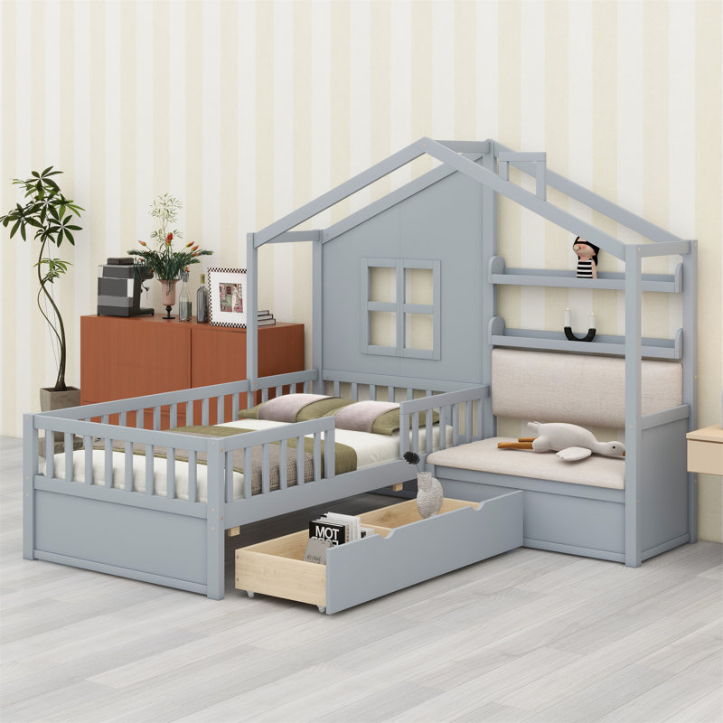 Lit House avec canapé, lit plateforme avec deux tiroirs et tablette de rangement, Gris