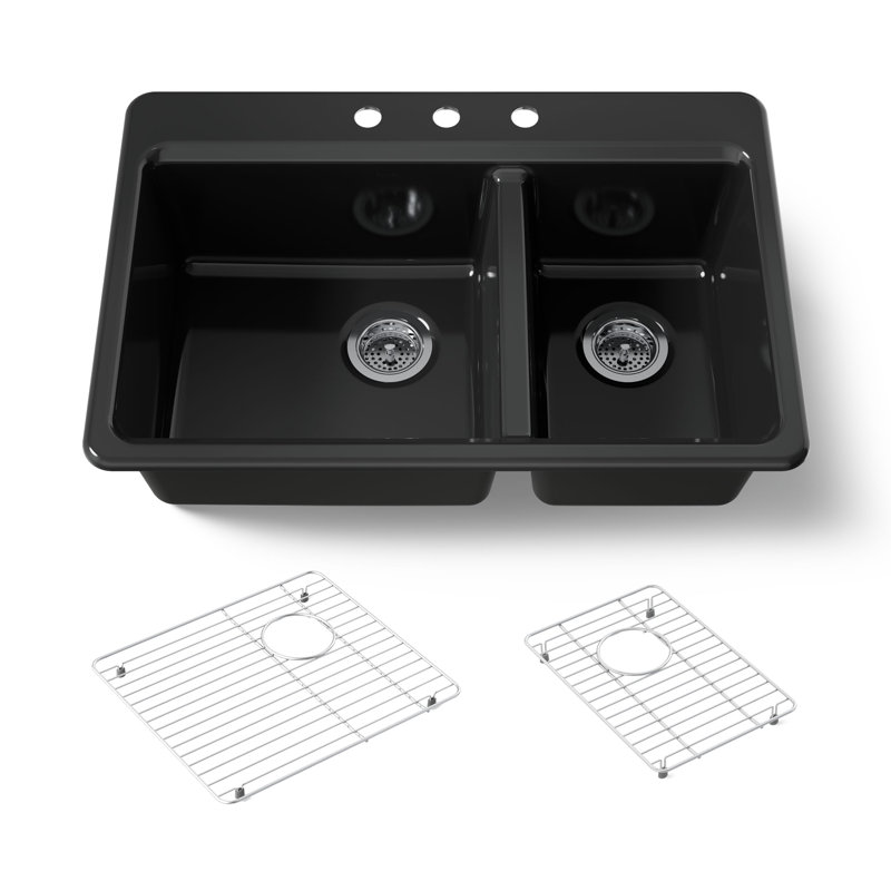 Riverby 33 In. Top-Mount Double-Bowl Kitchen Sink, 3 hole, Black, Large/medium bowls