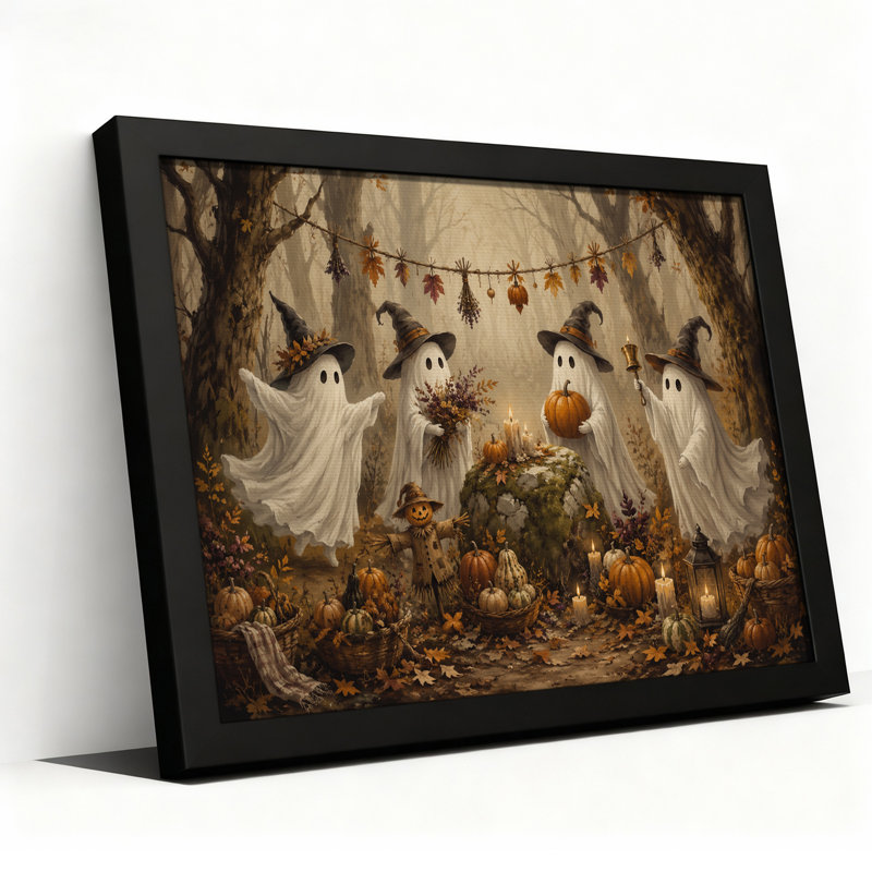 Toile fantôme avec chapeaux de sorcière et citrouilles en automne, H 16 po x l 24 po