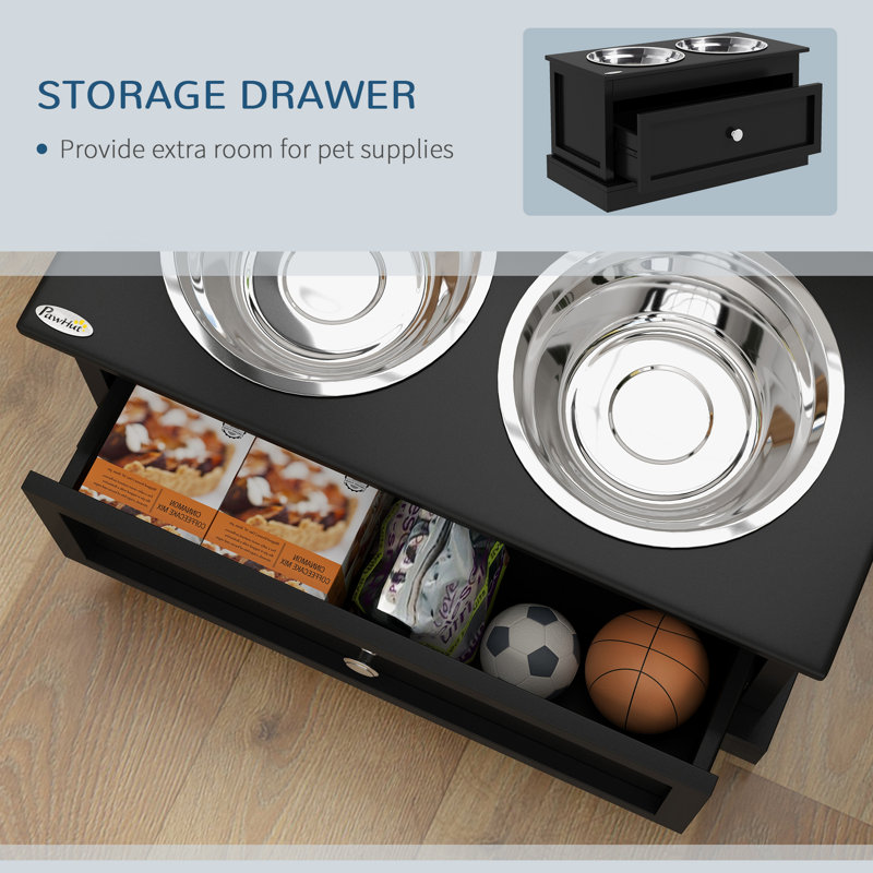 Black Elevated Dog Bowls with Storage Drawer and Stainless Steel Bowls