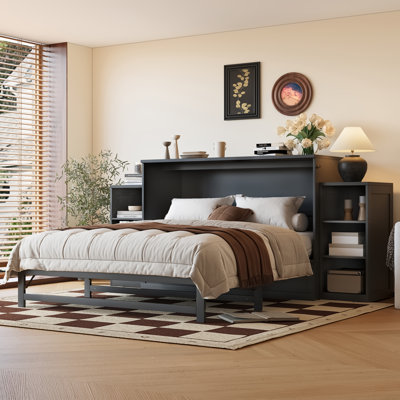 Queen Size Murphy Bed With Spacious Storage Drawers And Shelves, Ideal For Guest Rooms Or Compact Bedrooms,Vintage Dark Gray
