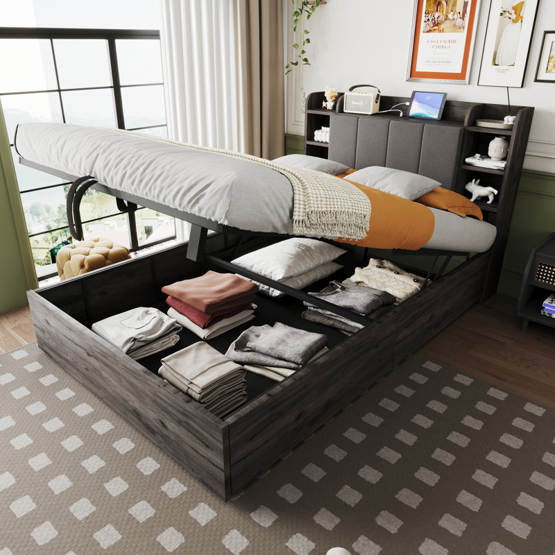 Hydraulic Storage Bed, European Double (140 x 200 cm), Grey