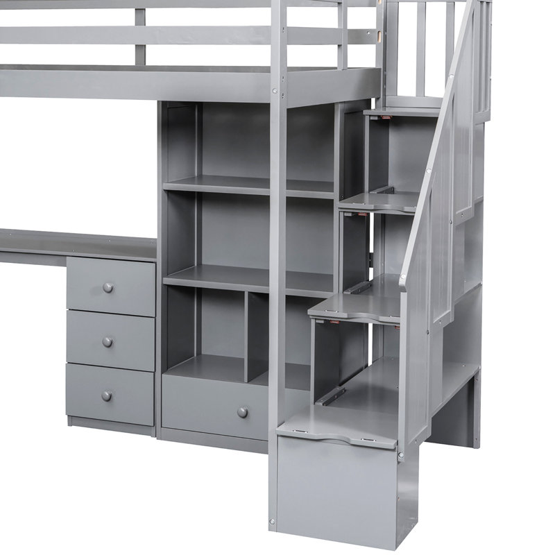 Lit mezzanine simple gris avec bureau en L, tiroirs et escalier rempli de rangement, Gris