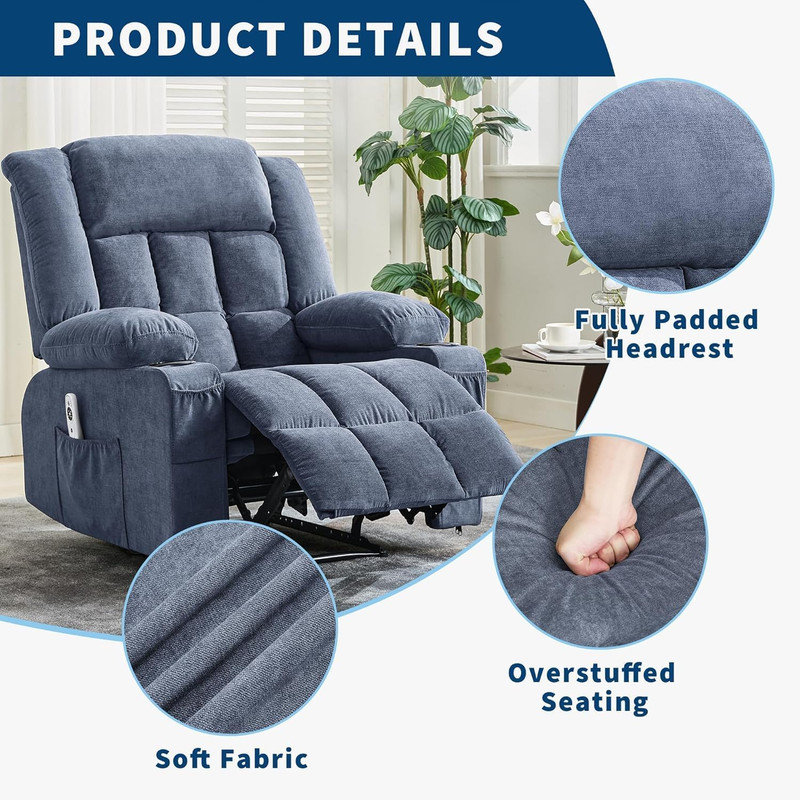 Fauteuil inclinable massant et chauffant avec très grand repose-pieds, porte-gobelet et poches latérales pour le salon, Bleu