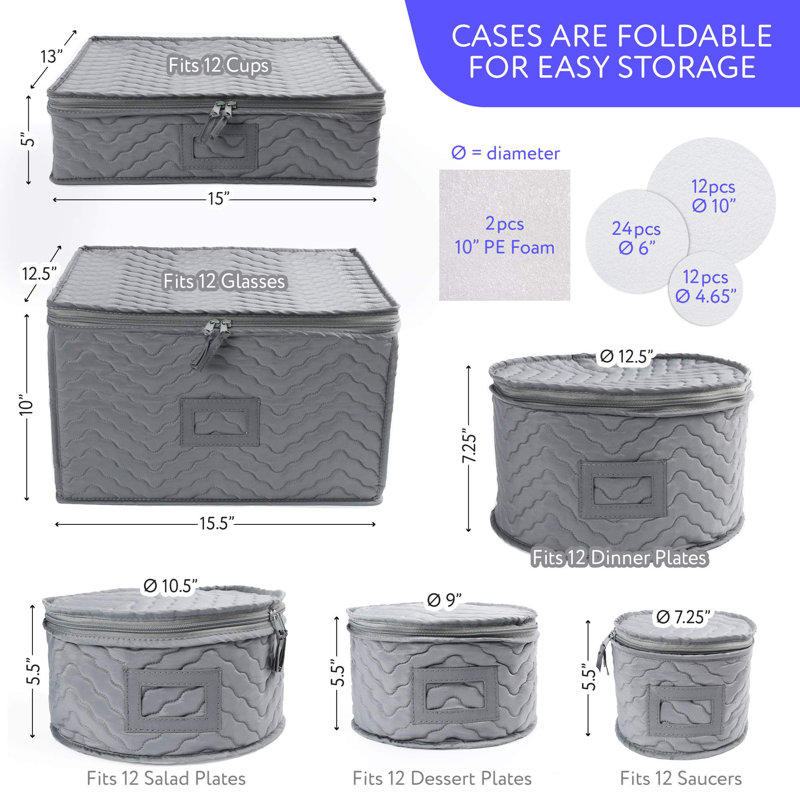 Storage Containers - Quilted 6-Piece Set Storage Box- Stores Chinaware, Stemware, Dinnerware,Grey