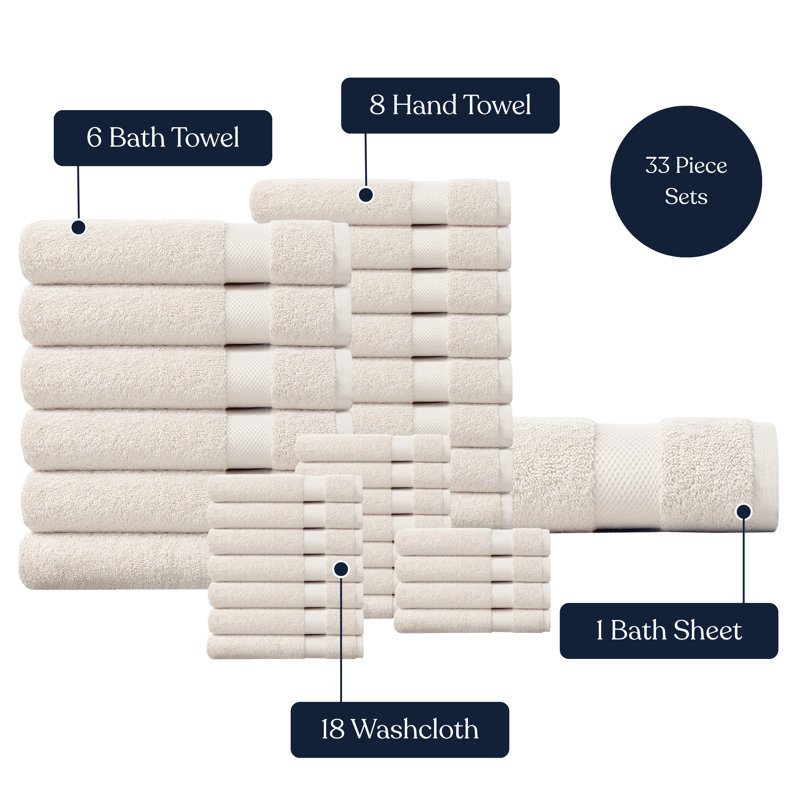 Organic Cotton Plush Towel Set of 33, GOTS & OEKO-TEX Certified, 650 GSM, Soft, Quick-Dry, Absorbent, Hotel Quality, Ivory