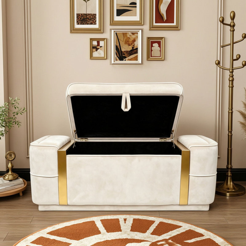 Banc ottoman de rangement rembourré avec compartiment caché avec couvercle relevable et accents métalliques dorés, Beige