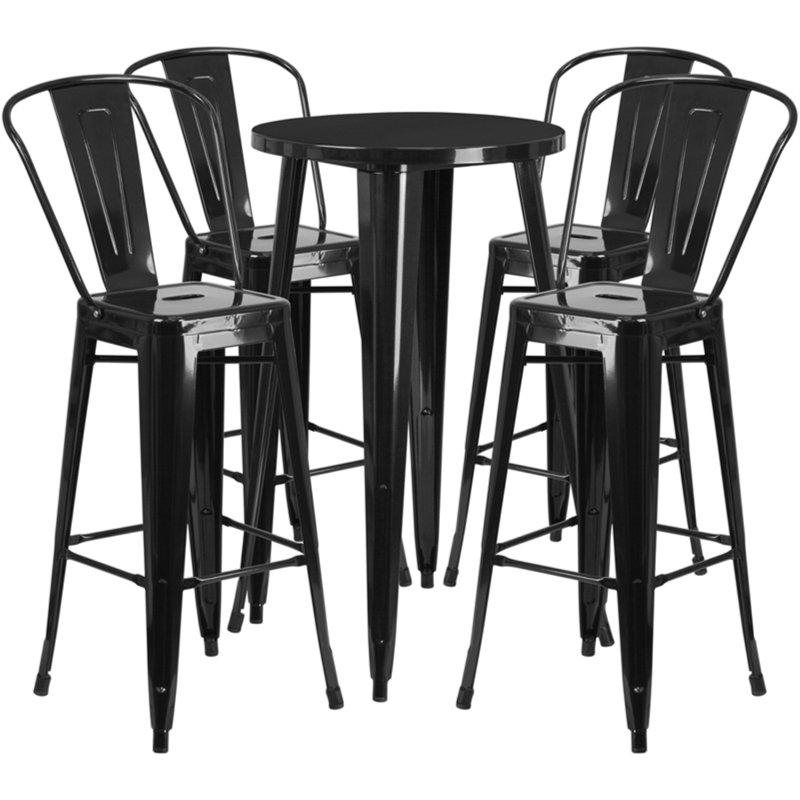 Williamston Round Metal Indoor-Outdoor Bar Table Set with 4 Cafe Stools, Black, 41" H x 30" W x 30" L