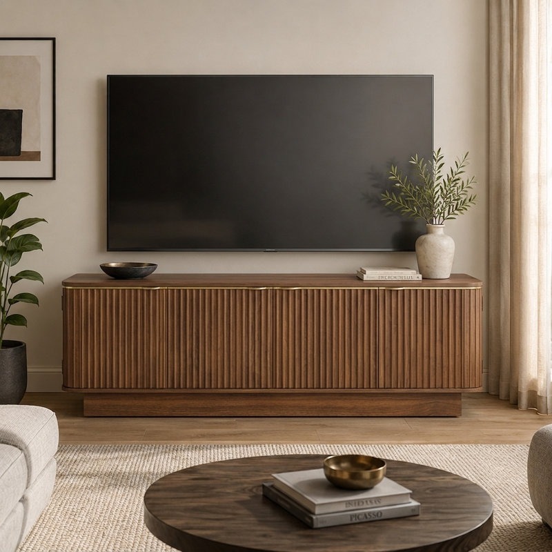 Meuble télé 70 po Mid-Century pour téléviseur de 70 po ou moins, console multimédia en bois cannelé avec tablettes réglables, gestion des câbles et armoires de rangement