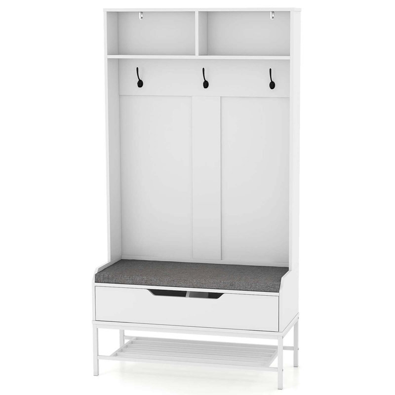 Ebern Designs Tall Hall Tree With Seat Cushion Open Compartments Hooks Lift-top Storage, White