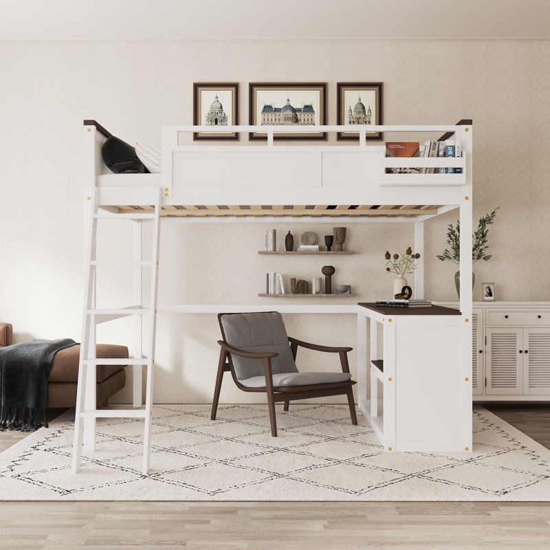 Lit mezzanine avec bureau, coque ouverte et station de charge