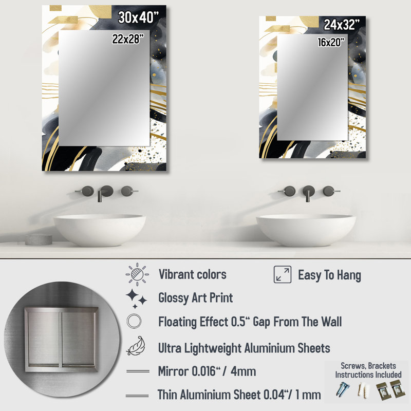 Pastel Abstract With Blue Black & Gold Spots III - Fractals Decorative Wall Mirror, Gold Mirror, Printed Metal Art, 32" x 24"