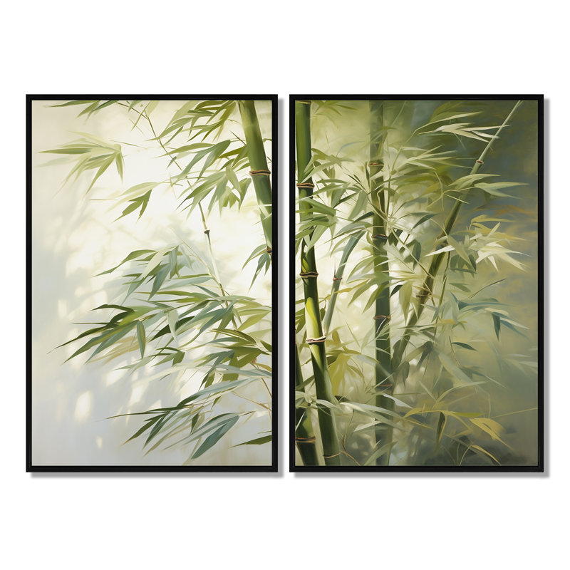 Bamboo Romantic Impression II - Art mural vert 2 panneaux, Impression encadrée flottante, Noir, H 36 po x l 48 po