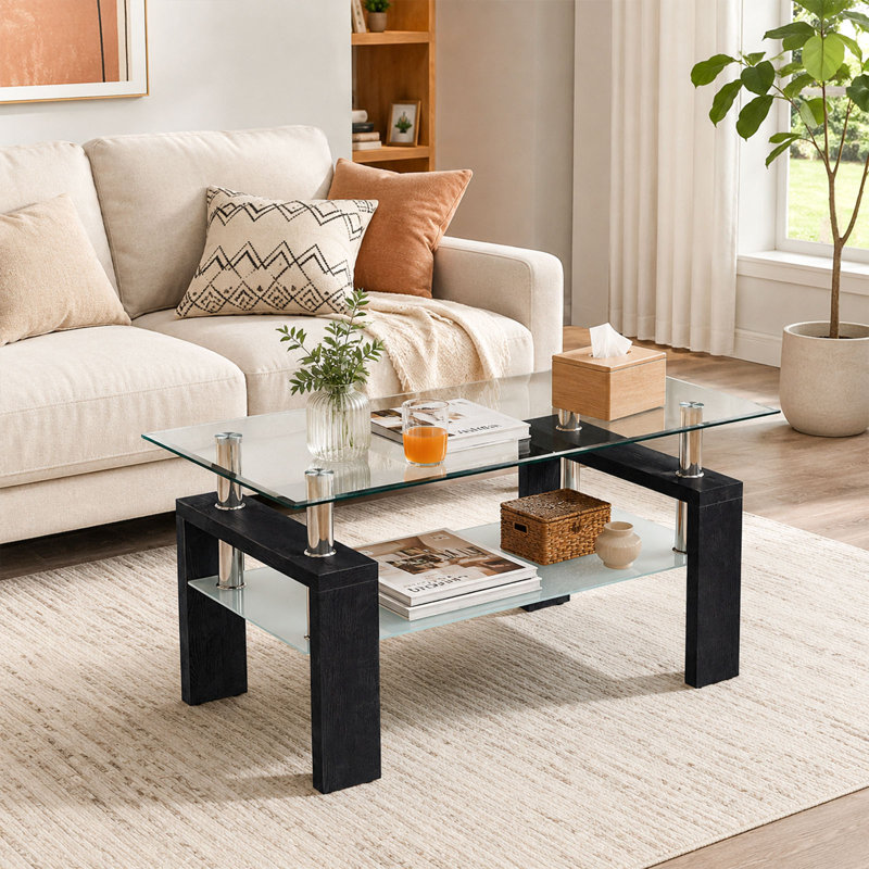 Table basse 34,7 x 18,9 à 2 niveaux avec plateau de rangement rectangulaire en verre trempé noir