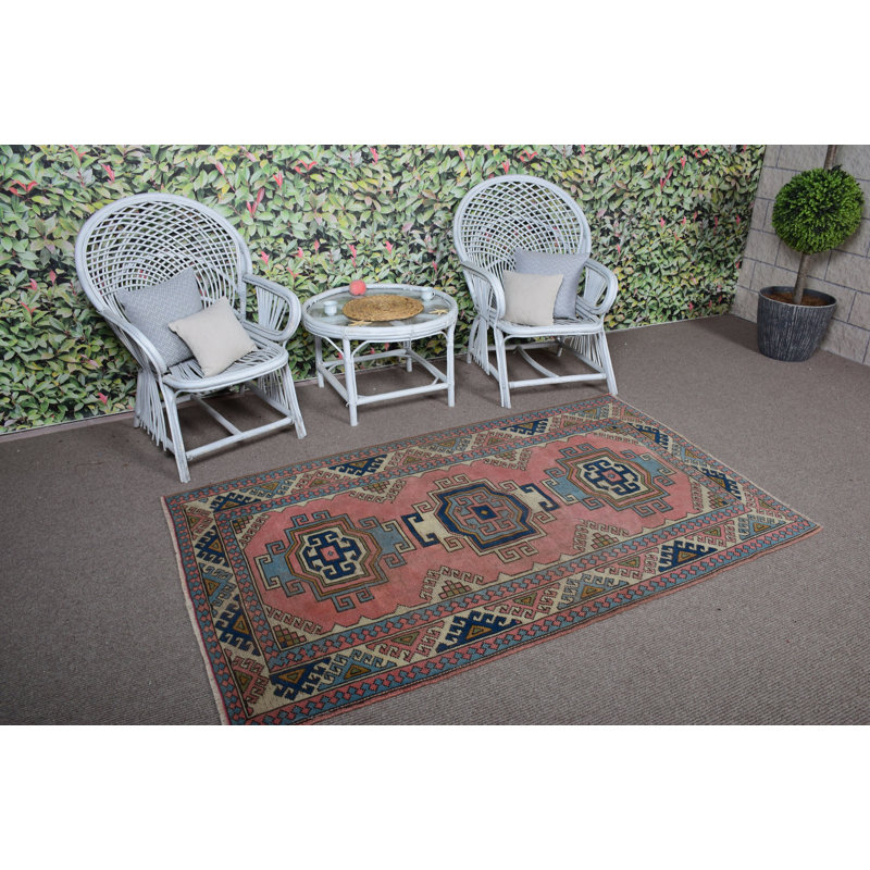 Tapis turc vintage tissé à la main avec un motif tribal géométrique dans des tons de bleu vif