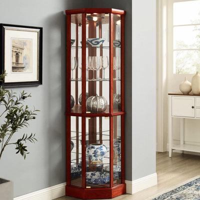 Armoire vitrée 6 tablettes avec tablettes réglables en verre et dossier en miroir en cerisier chic