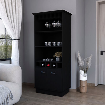 Armoire de bar en bois noire avec support de rangement en verre et options de rangement polyvalentes