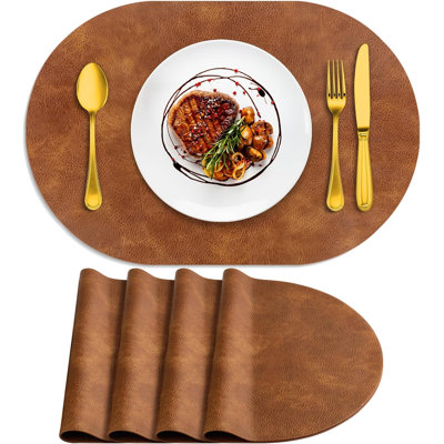 Placemats, Heat Resistant Oval Placemats Set of 4 Washable 12 x 17 Inch, Waterproof Table Mats, Wipeable Pu Place Mats for Kitchen, Dining Room, Turmeric Brown