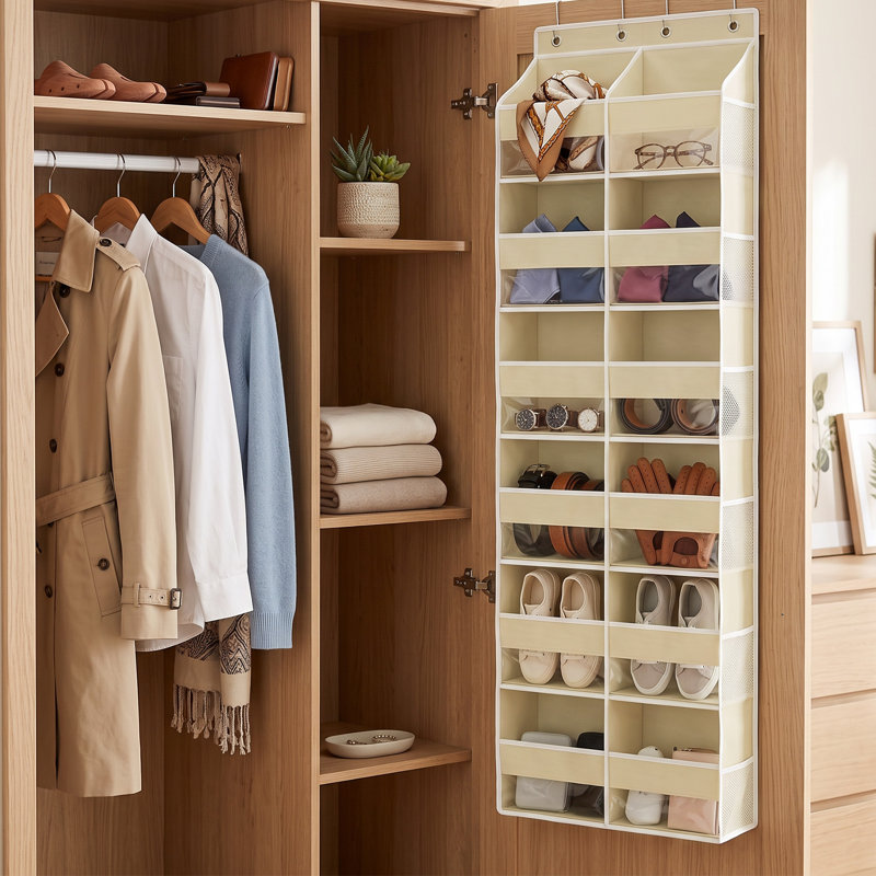 Organisateur de porte suspendu à 6 niveaux et 12 compartiments, capacité de 36 kg, avec fenêtre transparente, beige, Beige