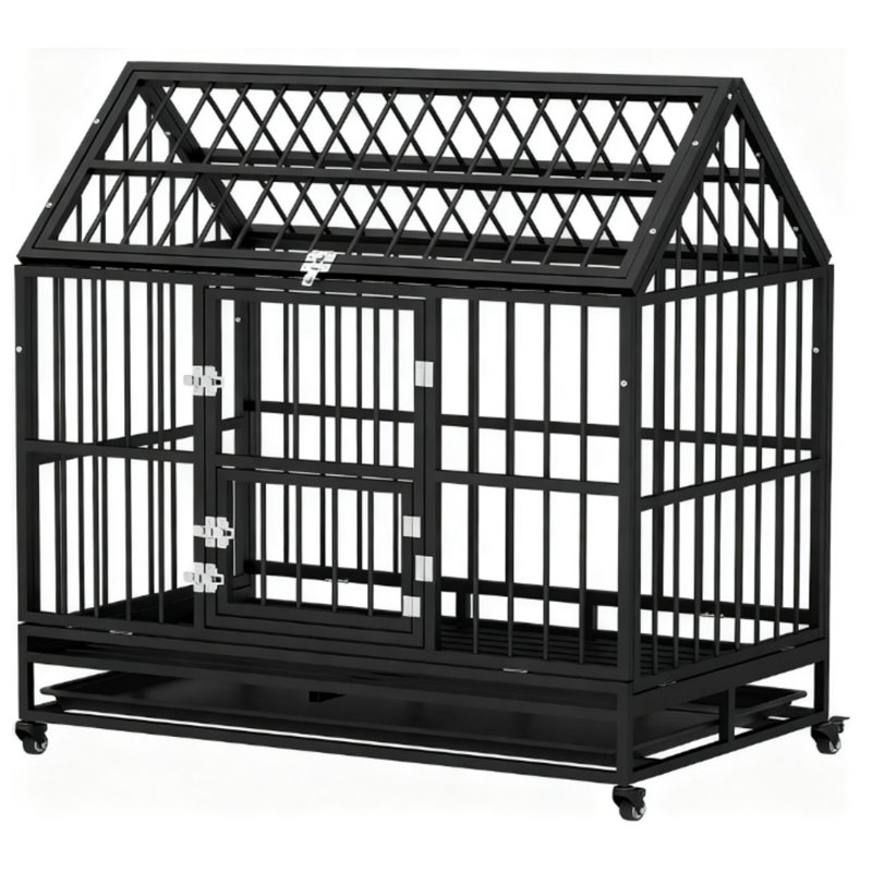 Caisse pour chien robuste en métal, chenil à double porte avec plateau amovible et roues verrouillables, noir