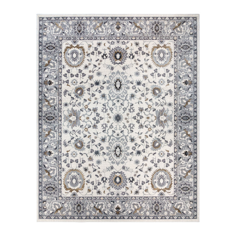  Barga Modal Gray/Ivory Traditional Floral Border Area Rug, Rectangle 7'10'' x 10'