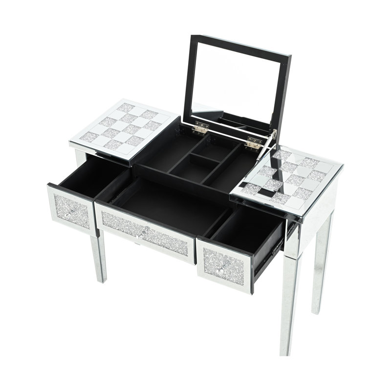 Bureau de coiffeuse en miroir avec incrustation de diamant concassé, miroir de table de coiffeuse argenté, console en verre pour chambre à coucher, vestibule, pièce. Espace de rangement spacieux 1 grand tiroir, 2 tiroirs latéraux et milieu