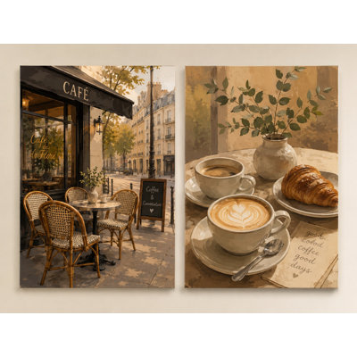 Très grand ensemble de 2 reproductions d'art sur toile 24 "x 36", bistro français et café rétro, art de Paris pour la salle à manger