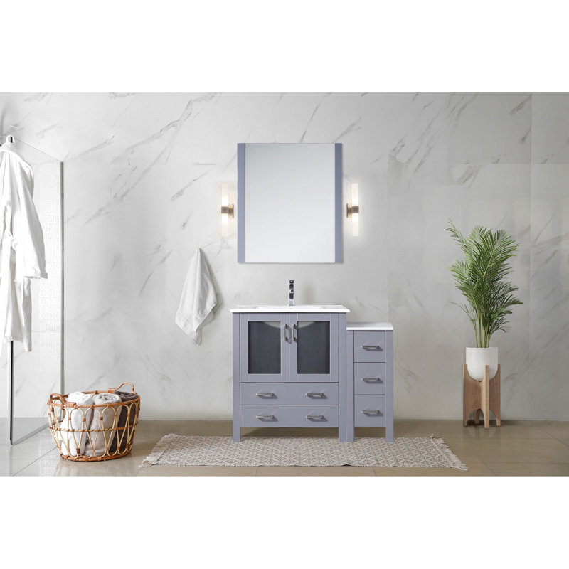 42 po W Meuble-lavabo simple gris foncé avec armoire latérale, comptoir en céramique blanche, robinet, fermeture en douceur, une armoire intérieure pour beaucoup de rangement, surface de teinture, trou de baignoire large, inclus, et