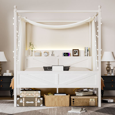 Canopy Bed with LED Lights & Headboard Storage,Barn Bed Frame,Bed Frame with LED Lights,Bed with Charging Station,No Box Spring Needed,Easy Assembly