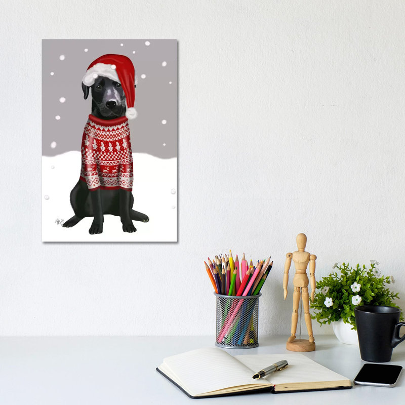 Labrador noir, chandail de Noël I par Fab Funky - impression sur toile tendue, H 12 po x l 8 po x P 0,75 po