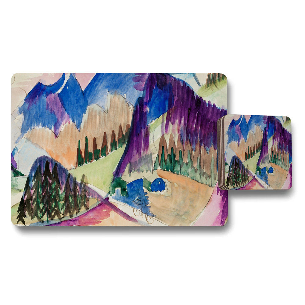 Watercolor Mountain Landscape Placemats And Coasters Set