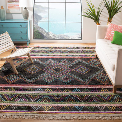 Tapis vert / brun / mauve en laine / coton noué à la main de style sud-ouest Raeleigh