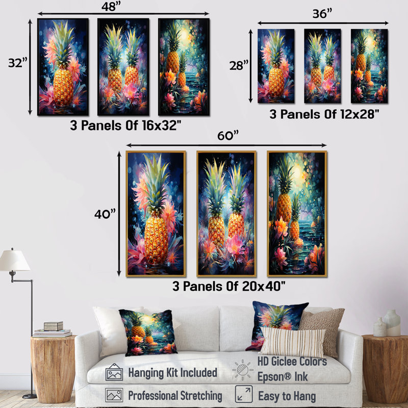 «Green and Yellow Cosmic Pineapple I», ensemble de 3 ananas sur toile, Cadre flottant brun, H 32 po x l 48 po
