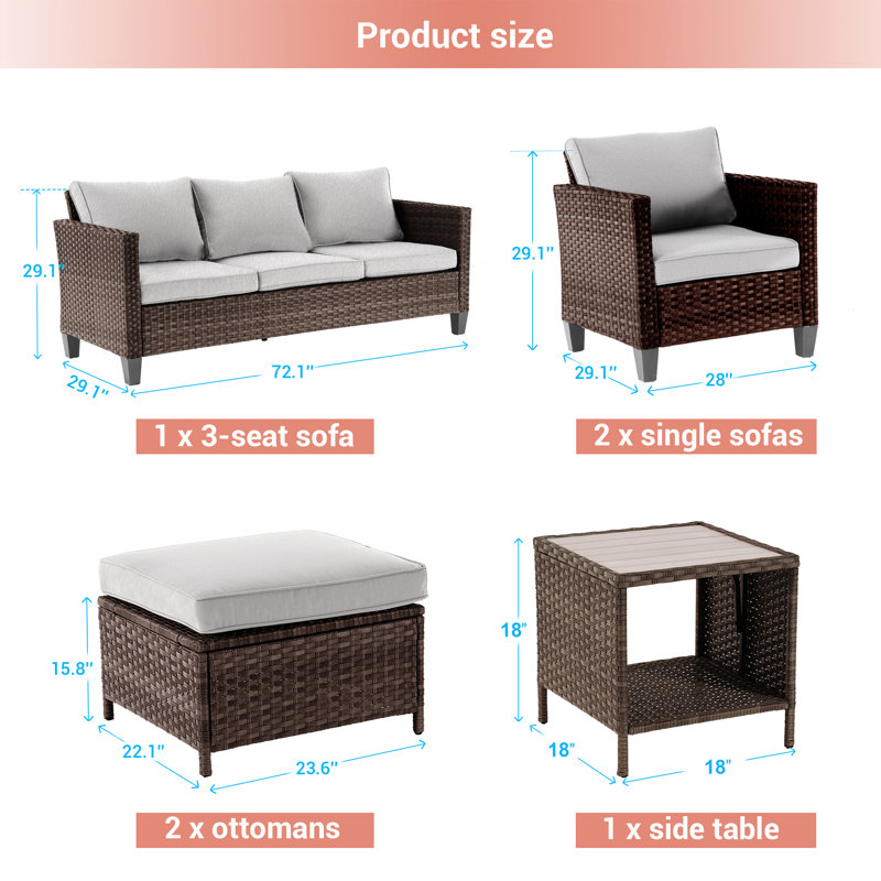 Ensemble de conversation d'extérieur 6 pièces pour conversation en osier / rotin brun avec coussins épais et table d'appoint