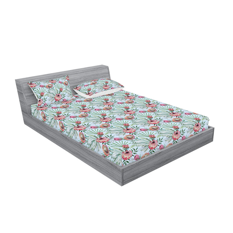 Ambesonne Fitted Sheet & Shams, King Sheet Set with 2 Pillowcases, Soft Blue/Green/Pink Flower
