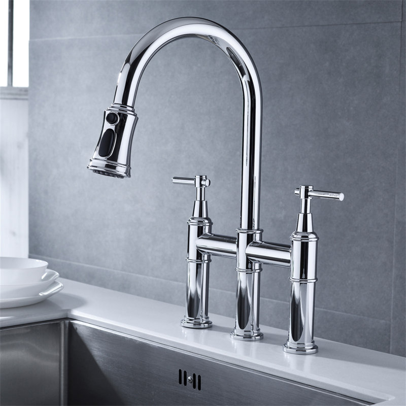 Bridge Kitchen Faucet With Pull-Down Sprayhead In Spot, Chrome