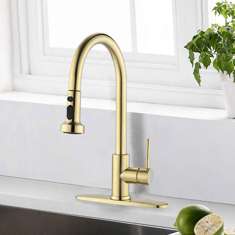 Robinet de cuisine à bec rétractable en acier inoxydable en or brossé, rouille, bec pivotant à 360 °, hauteur de 7,28 po, débit de 1,8 gal / min aux égratignures, à la rouille et aux taches, fonction de pause de tuyau de 20 po