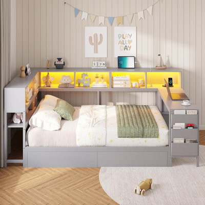 Twin Corner Bed With Bookcase Shelves And 2 Large Drawers,Twin Daybed With Led Lights And Charging Station,Corner Bed Frame With 39.4"L Desk,2 Fabric Drawers & Side Storage Bag ,No Box Spring,Grey