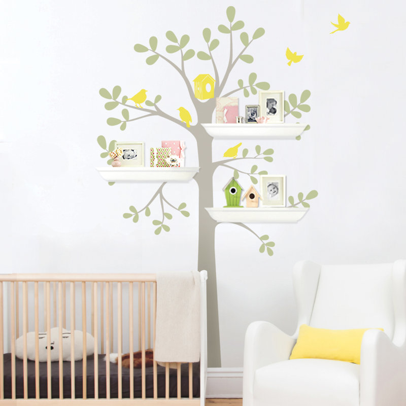 Décalcomanie murale arbre de rayonnage, Blanc / Jaune, 55 po x 94 po