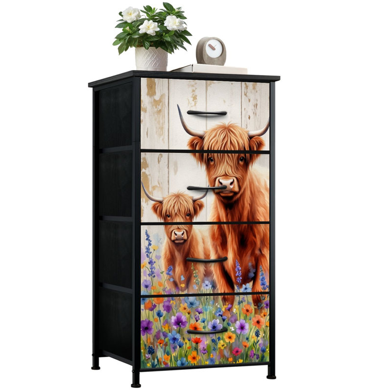 Commode rustique pour la chambre à coucher avec 4 tiroirs de rangement Highland Cows Commode rustique colorée Wildflower Meadow