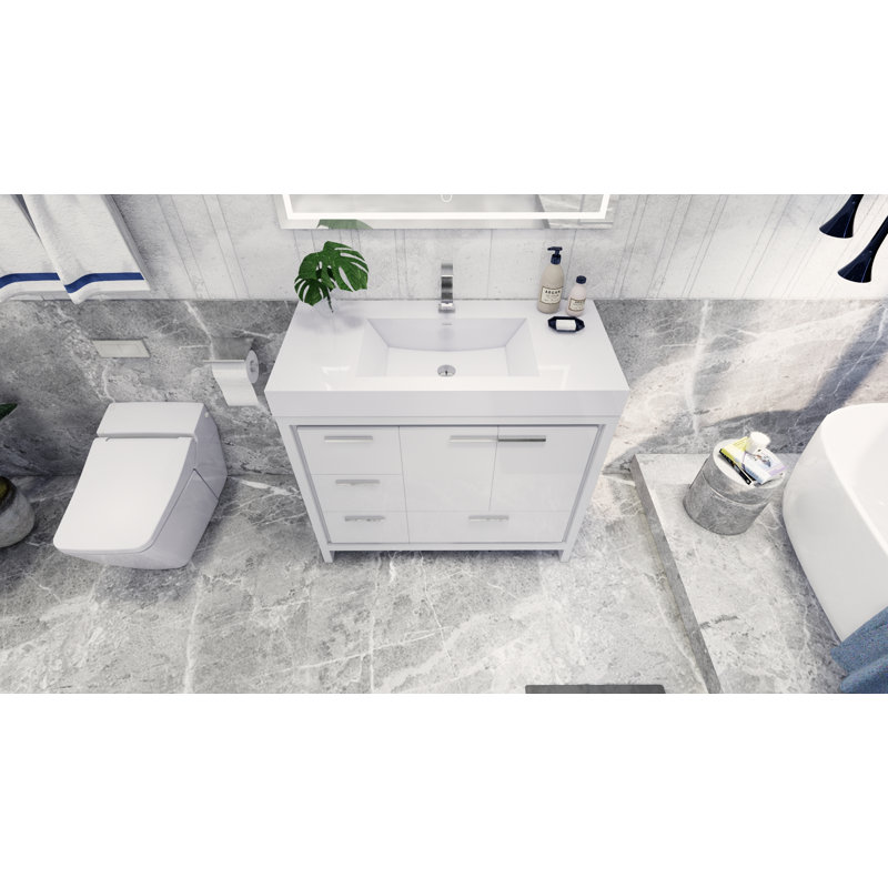 Loyne 41.9 " W Free Standing Wall Mounted Single Double Single Vanity Bathroom Vanity With Acrylic Top, Gloss White, Chrome
