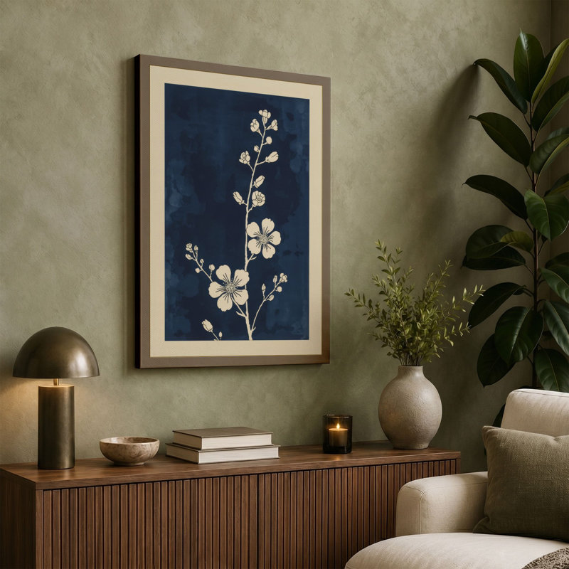 White Blossoms on Navy Japandi 1 Piece Wrapped Canvas Wall Art, 30x20 - 76.2 x 50.8 cm, Ochre Border