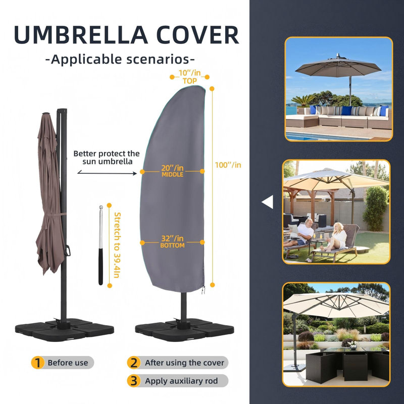 Cantilever Umbrella Cover, Patio Umbrella Cover 420D Oxford Fabric Waterproof and Sun Protection, Offset Umbrella Cover with Telescopic Rod and Zipper, Outdoor Umbrella Covers, (Gray)