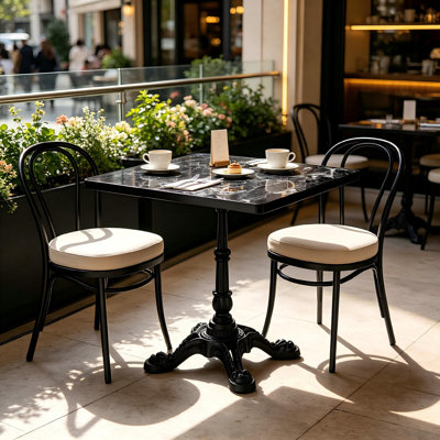 Table bistro carrée en pierre frittée 31,5 "- aspect marbre noir toutes saisons avec base en fonte robuste pour patio extérieur, café et maison