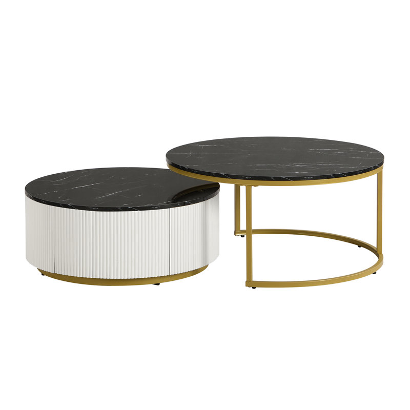 Table basse gigogne moderne moderne cannelée avec tiroir de 31,5 po, Noir
