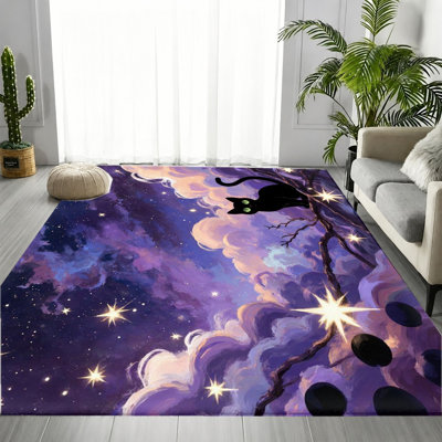 Artistic Galaxy Night Cat Area Rug, Purple Starry Sky Cloud Print Pattern, Soft Durable, Machine Washable Non-Slip Floor Carpet, Stylish Indoor Home Decor for Living Room, Bedroom, Study, Dormitory, Apartment