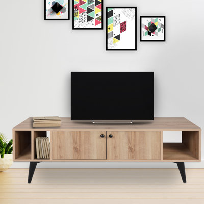 Meuble télé moderne en chêne et noir avec option de fixation murale, 59,1 po x 15,7 po x 15,7 po | 100% panneau de particules enduit de mélamine, épaisseur: 0,7 pouce | Plusieurs tablettes, design scandinave élégant, pieds en plastique durable